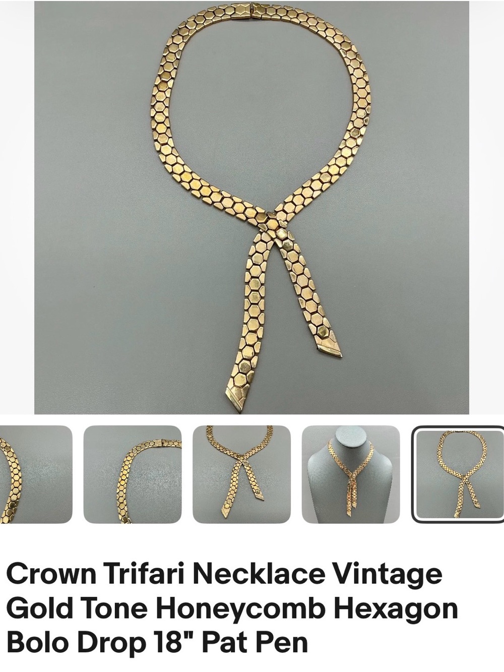 Trifari Honeycomb Hexagon Gold-Tone Bolo Necklace